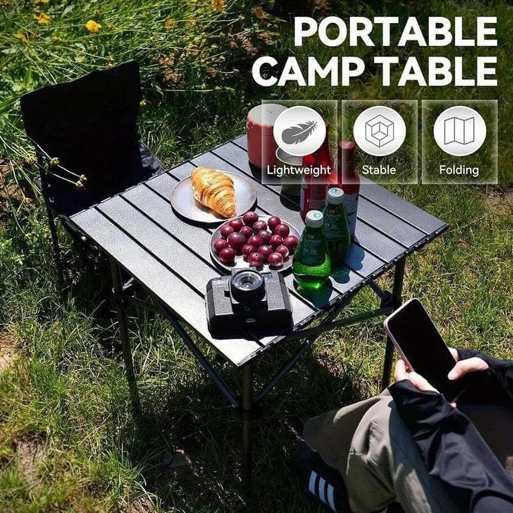 Table camping pliante aluminium noir vue principale deployee