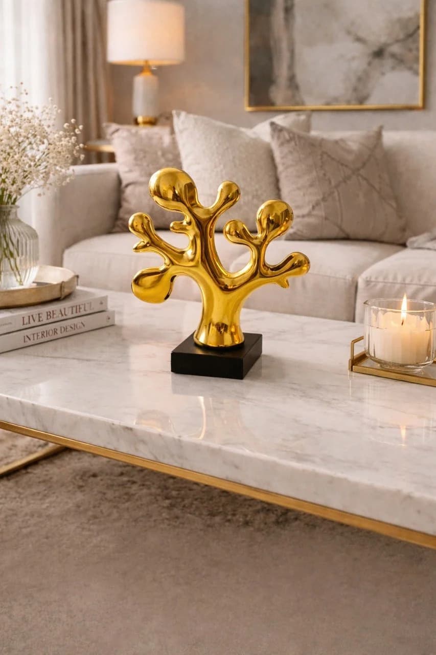 Sculpture résine dorée vue de profil angle différent