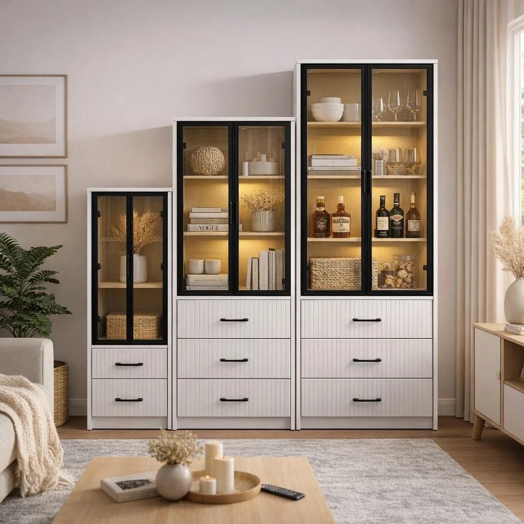 Meuble rangement modulaire portes verre éclairage LED intégré