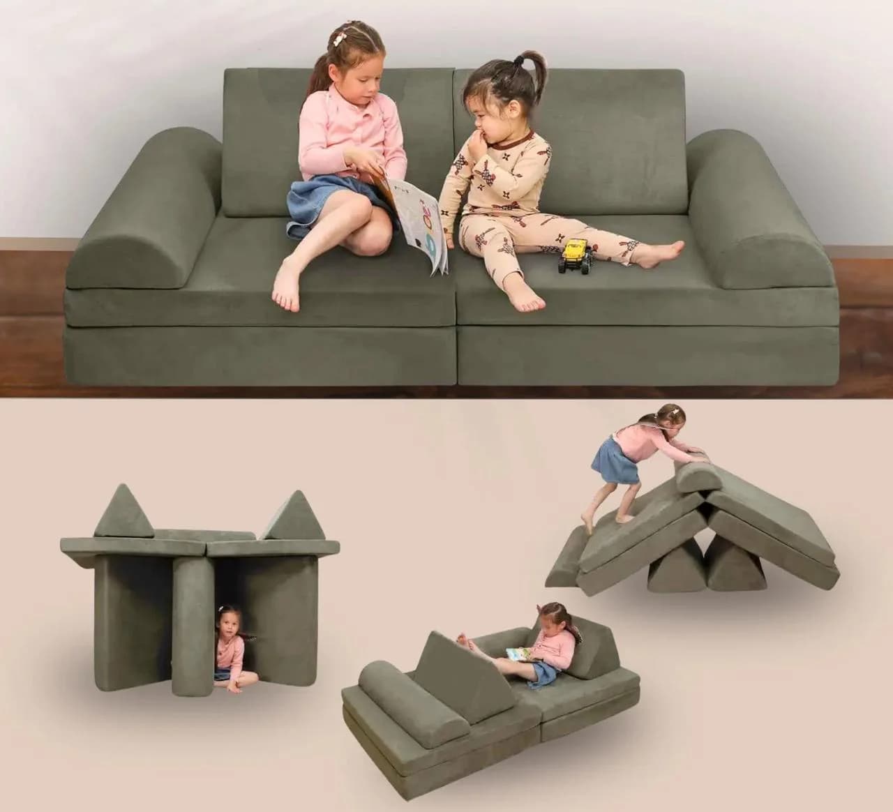 Enfants jouant avec puf transformable - espace créatif