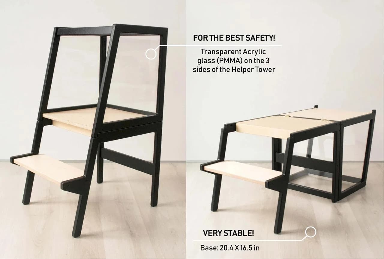 Tour d'aide cuisine noir - sécurité verre acrylique